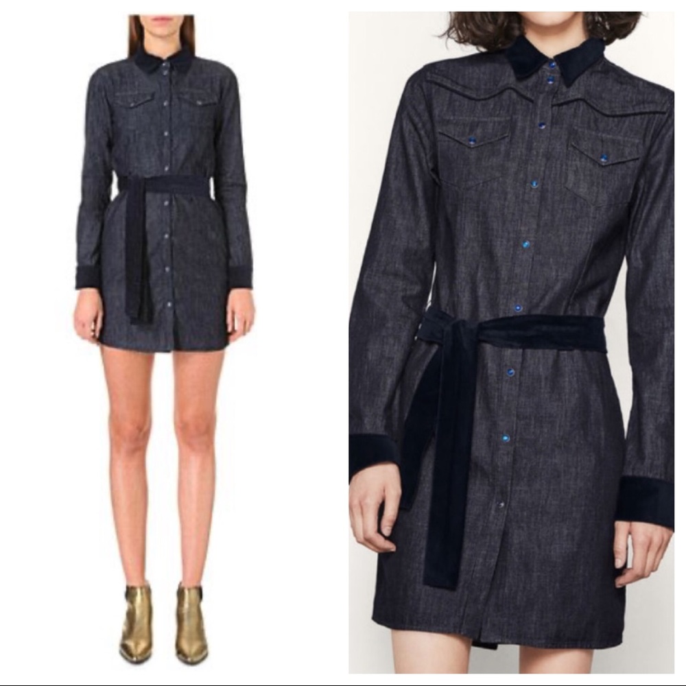 Maje NWT Rallex Denim & Velvet Trimmed Shirt Dress - Picture 3 of 7